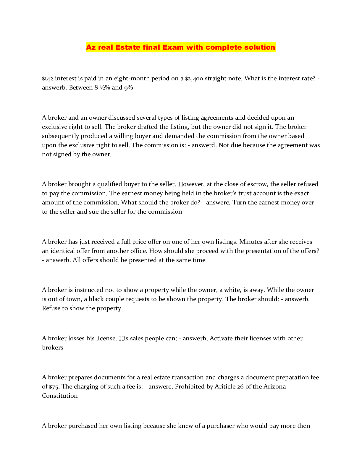 Az real Estate final Exam with complete solution Browsegrades